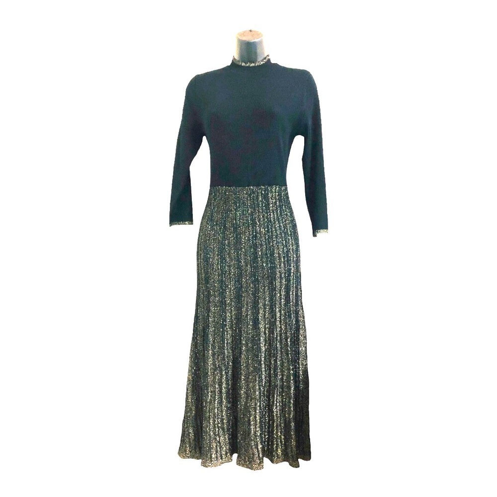 Nanette Lepore black gold lurex ruffled turtleneck pleated sweater dress size S